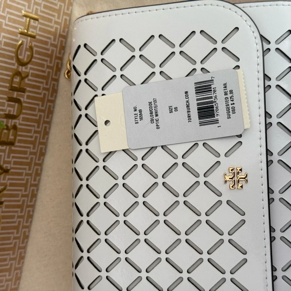 New Tory Burch Emerson Perforated Chain Wallet Crossbody Optic white